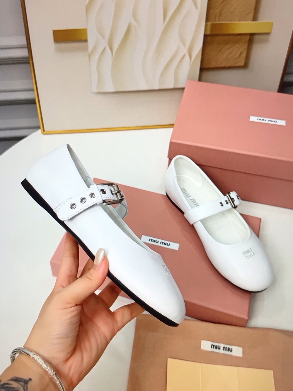 Miu Miu White Leather Mary Jane Shoes with Silver Buckles - Picture 5 of 9